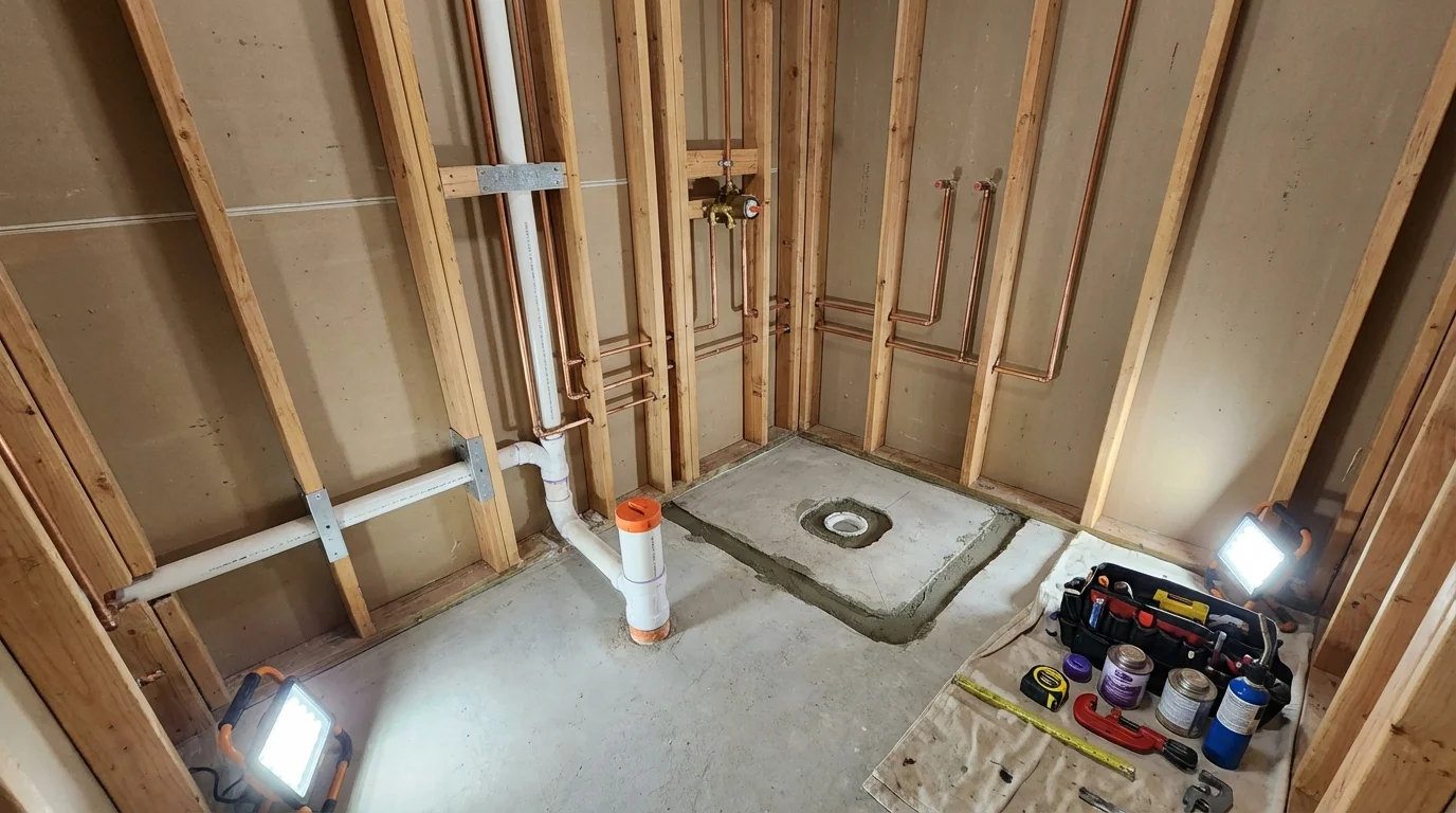 Bathroom rough-in plumbing during remodel by Johns Plumbing LLC in Lima