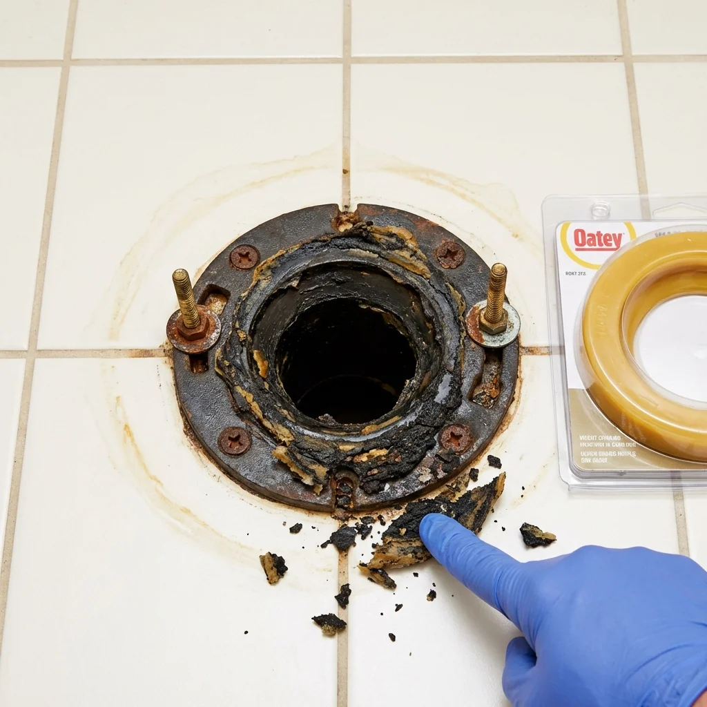 Failed wax ring showing water seepage at the base of a toilet in a Lima, OH home